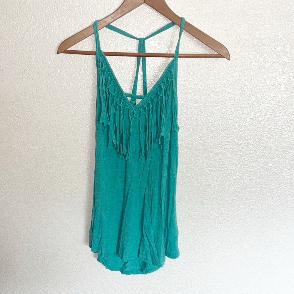 Naked Zebra Teal Fringe V Neck Western Tank Top